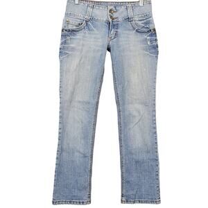 l.e.i Blue Jeans Stretch Y2k Grunge Straight Stonewash Zip Womens Size 5 Juniors